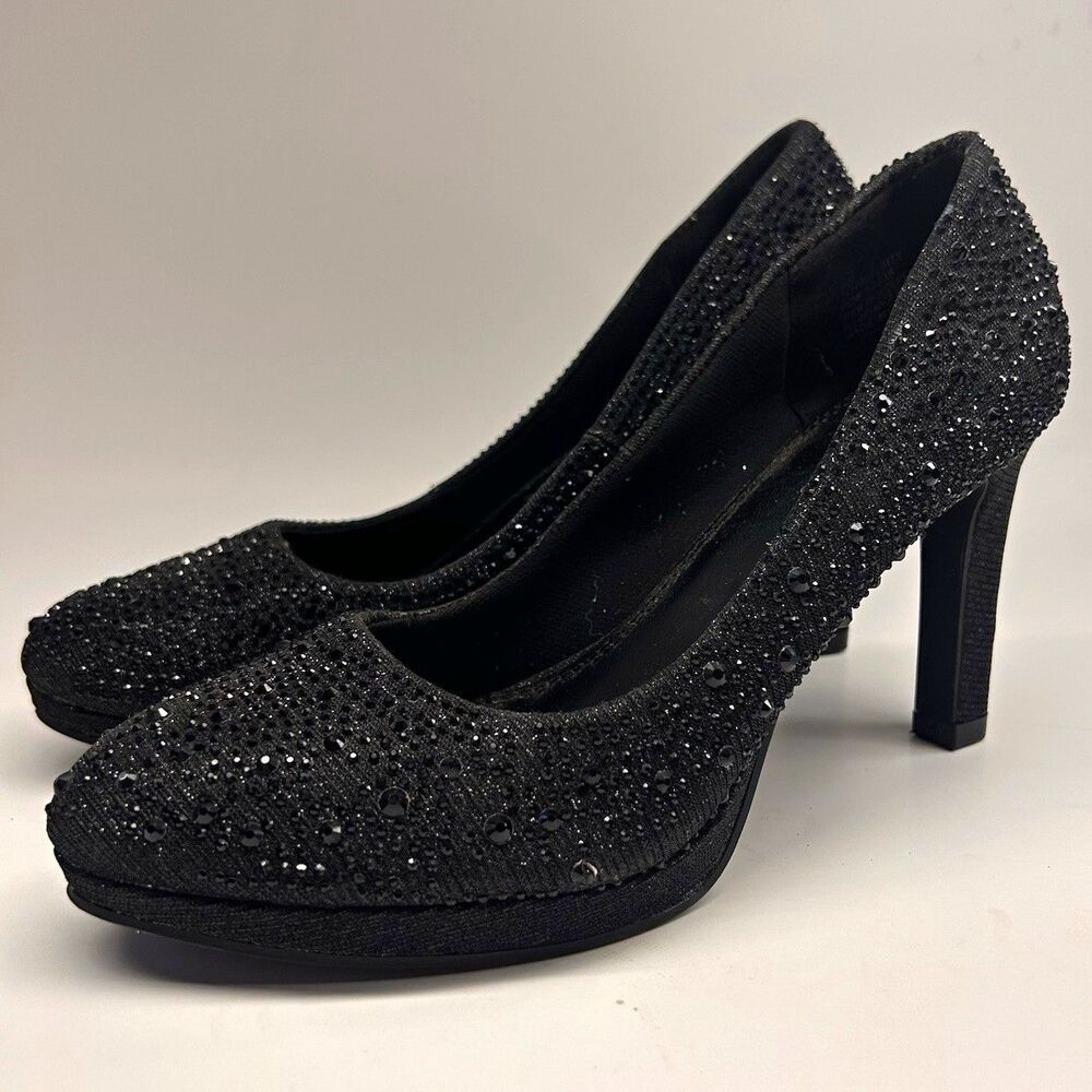 Silver Slipper Black Glitter Rhinestone Stiletto Round Toe Slip-On Pumps 7M